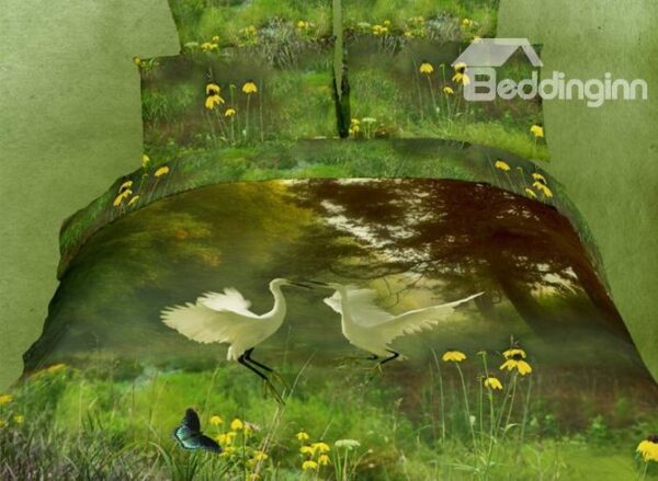 Visual Flying Egret Grass Cotton 4 Piece Active Printing Bedding Sets