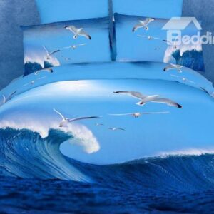 Attractive Flying Seagulls and Waves Cotton 4-Piece Bedding Sets