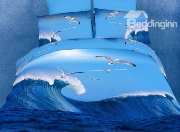 Attractive Flying Seagulls and Waves Cotton 4-Piece Bedding Sets