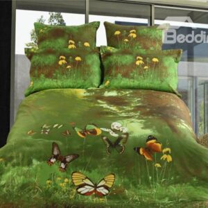 Unique Flying Butterfly Grass Active Printing 4 Piece Bedding Sets with Cotton