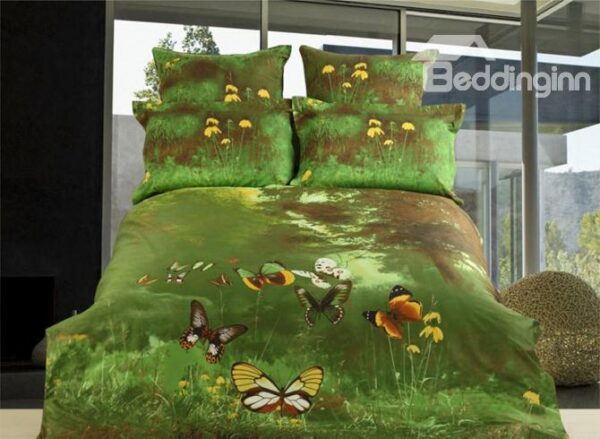 Unique Flying Butterfly Grass Active Printing 4 Piece Bedding Sets with Cotton