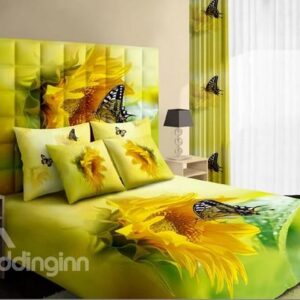 Warm-toned Bright Yellow Sunflower and Butterfly Cotton 4 Piece Bedding Sets