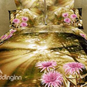 Warm-toned 4 Piece Brilliant Sunshine and Light Purple Flowers Printing Bedding Sets