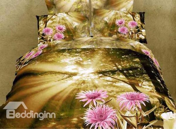 Warm-toned 4 Piece Brilliant Sunshine and Light Purple Flowers Printing Bedding Sets