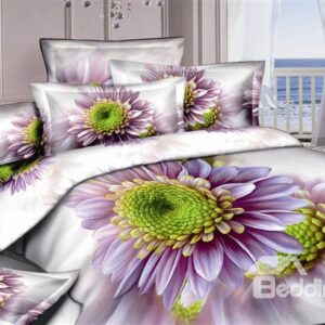 Graceful White 4-Piece Bedding Sets with Purple Flowers