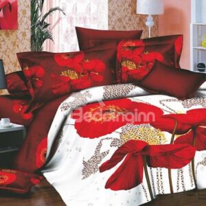 Seductive Red flowers Active Printing 4 Piece Cotton Bedding Sets