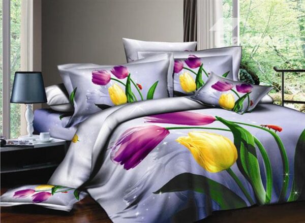 Purple 4-Piece Cotton Bedding Sets with colorful Tulips
