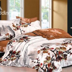 Chinese Ink and Wash Printed Brown 4 Piece Cotton Bedding Sets