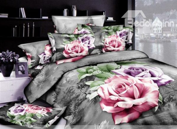 Ornate Sliver Gray 4 Piece Cotton Bedding Sets with Active Printing