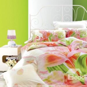 Fresh Flowers and Green Leaves of Printed 4 Piece Cotton Bedding Sets