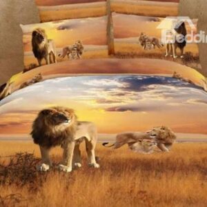 Brown Lion of the Prairies Printed 4 Piece Bedding Sets with Cotton