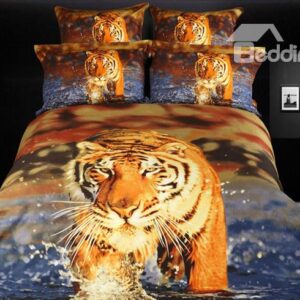 Powerful Tiger Walking in the Water Printed 4 Piece Cotton Bedding Sets