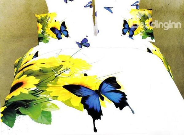 Magnificent 4 Piece Sunflowers and Butterflies Print Duvet Cover Sets of 100% Cotton
