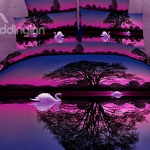 Wonderful Purple 4 Piece Swan Lake Cotton Bedding Sets with Printing