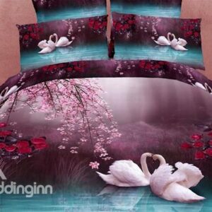 4 Piece Cotton Bedding Sets with Romantic White Swans in the Lake