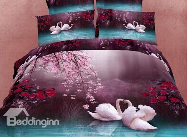 4 Piece Cotton Bedding Sets with Romantic White Swans in the Lake