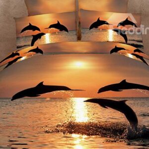 Strong and Vigorous Dolphin in the Setting Sun 4 Piece Cotton Bedding Sets