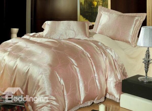Luxury Shallow Gold and Pink Arabesque Jacquard 4 Piece Duvet Cover Sets