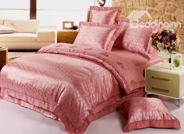 Aristocratic Pale Mauve Jacquard and Embroidery 4 Piece Satin Bedding Sets