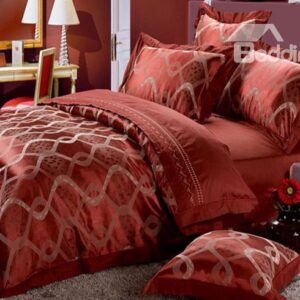Popular and Warm Bright Red Curve 4-Piece Satin Bedding Sets with Jacquard