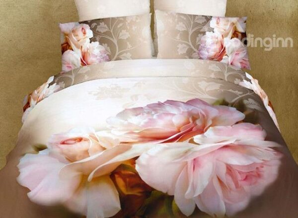 100% Cotton Big Pink Flower Oil Painting 3D 4 Piece Bedding Sets