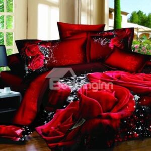 Luxury Big Red Rose Realistic 3D Printed 4 Pieces Bedding Sets