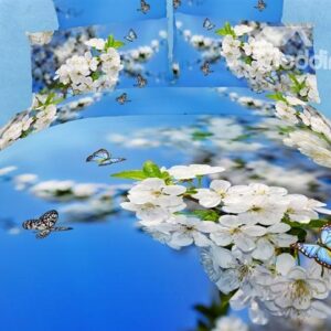 Splendid Pear Blossom Butterfly Blue 3D 4 Piece Bedding Sets