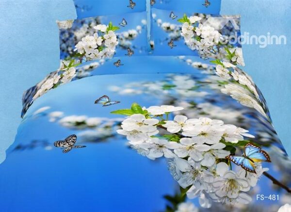 Splendid Pear Blossom Butterfly Blue 3D 4 Piece Bedding Sets