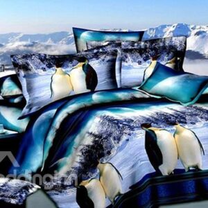 Antarctic Penguin Snow Scene 3D Print 4 Piece Polyester Bedding Sets