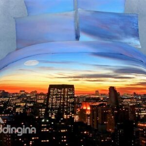 Blue Sky Sunset Falls Over City Scene Print 100% Cotton Duvet Cover Bedding Sets