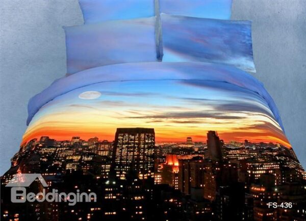 Blue Sky Sunset Falls Over City Scene Print 100% Cotton Duvet Cover Bedding Sets