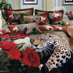 Luxury Leopard and Roses Print 4-Piece 100% Cotton Duvet Cover Sets
