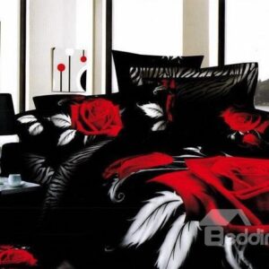 Unique Wedding 3D Big Red Rose Printed Black 4Pcs Bedding Set
