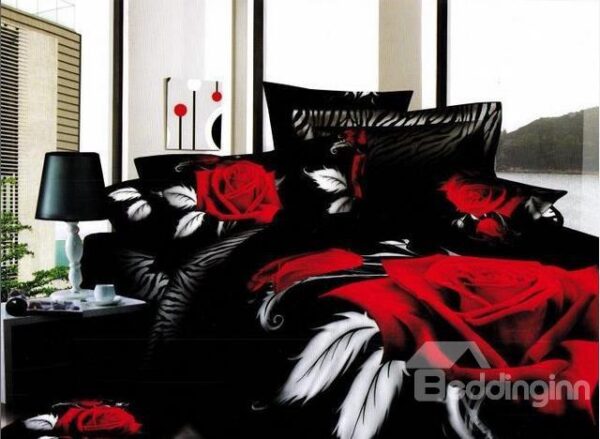Unique Wedding 3D Big Red Rose Printed Black 4Pcs Bedding Set