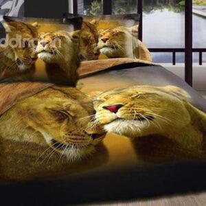 100% Cotton Heart-warming lions 3D print 4 piece duvet cover Bedding sets