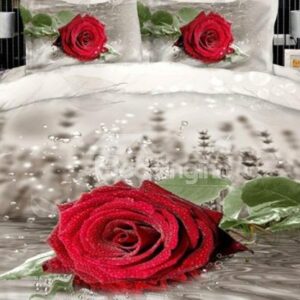 Antique Realistic Red Rose Print 4 Piece Duvet Cover Sets