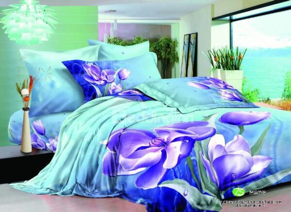 Purple flowers floral skyblue pattern print duvet quilt covers sets 4pc Bedding Sets