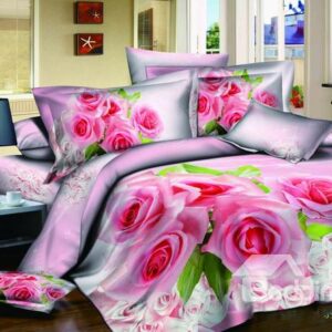 Unique Romantic Pink Rose With High Qulity 4 Pieces Bedding Sets