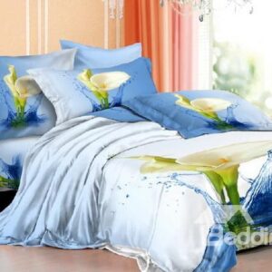 New Arrivals Dreamlike Blue Stone with Fresh Flowers 4 Pieces Bedding Sets