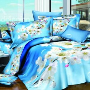 New Arrivals Dreamlike Sky Blue Cherry Flowers 4 Pieces Bedding Sets