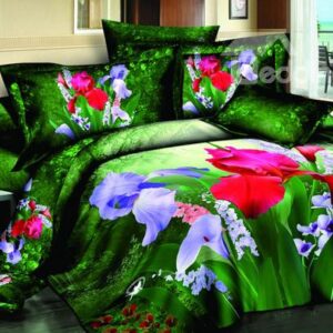 Hot Sell Passionate Summer with Red and Purple Iris 4 Pieces Bedding Sets