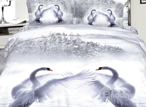 Beautiful Romantic White Swans Reactive printing 3D Bedding Sets