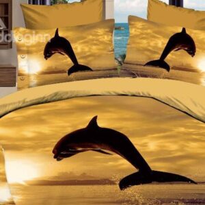 Jumping Dolphins in the sea Print Sunset Yellow 4 Piece Bedding Sets