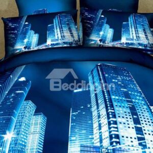 High Buildings and Large Mansions Modern City 3D Print Blue 4 Piece Bedding Sets