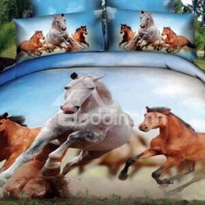 White and Brown Horses Reactive printing 3D 4 Piece Bedding Sets Duvet Cover Sets