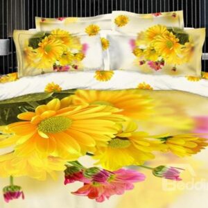 New Arrival Yellow and pink Lovely Flower Print 4 Piece Duvet Cover Bedding Sets