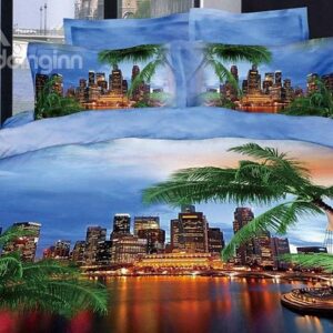 Modern City and Palm Tree Reactive Printing Blue Color 4 Piece Bedding Sets/Duvet Cover