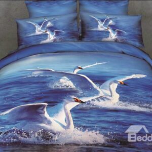 White Swans and Ocean Scene Blue Color 4 Piece Bedding Sets/Duvet Cover Sets
