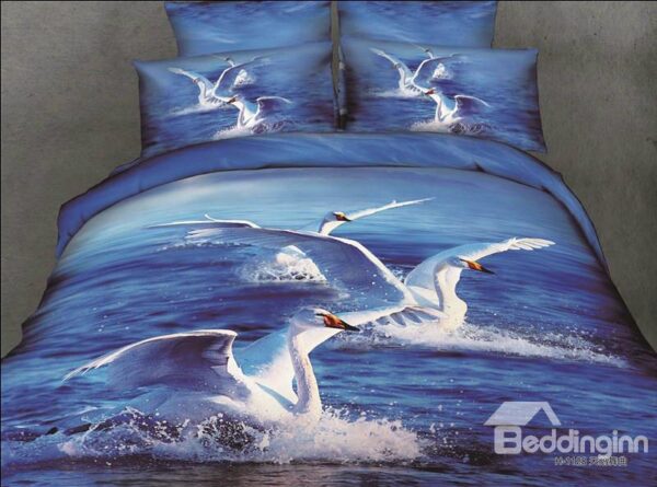 White Swans and Ocean Scene Blue Color 4 Piece Bedding Sets/Duvet Cover Sets