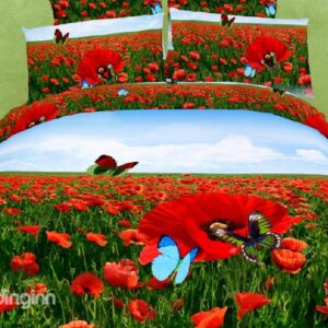 Red Poppy Flower and Butterfly Print 4 Piece Bedding Sets/Duvet Cover Sets